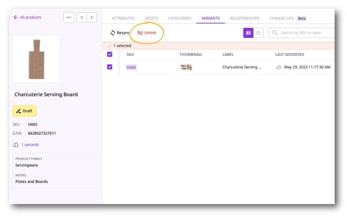 To unlink a variant product, simply select it from the 'Variants' tab of the parent product and select 'Unlink.'