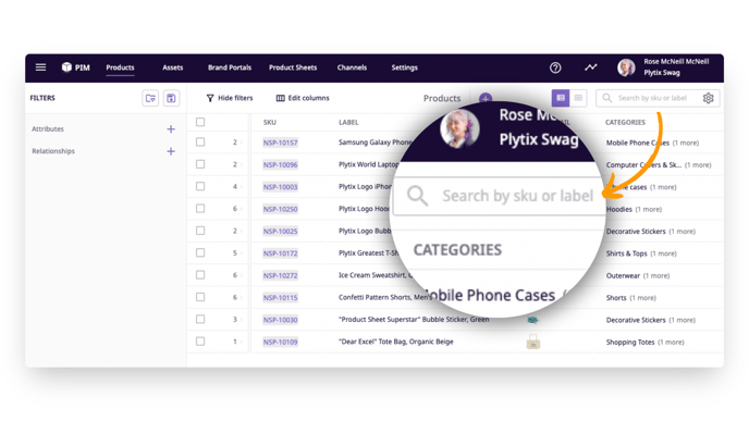 closeup on the search bar in Plytix product overview 