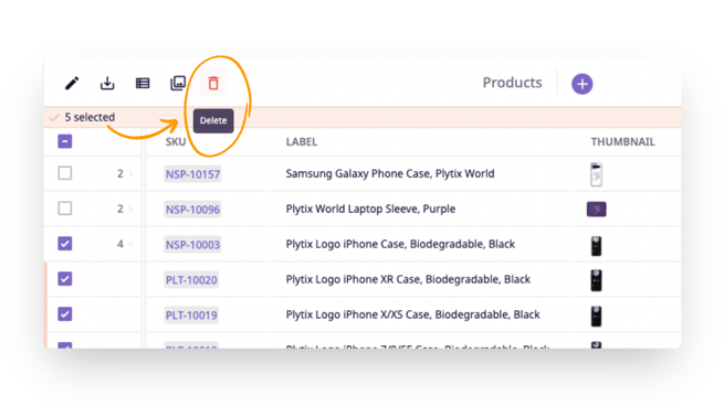 select multiple products and click the 'Delete' icon