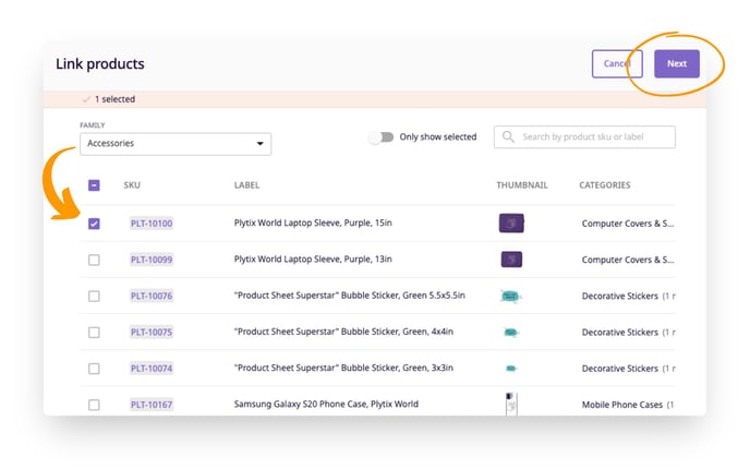 Select which products should be linked to the asset.