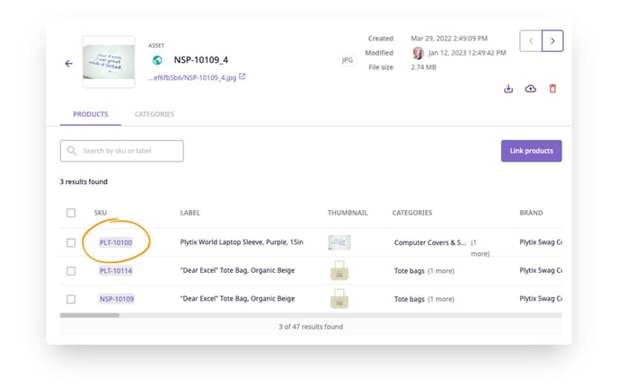 Products that are linked to assets will appear in the products tab of the asset detail page.