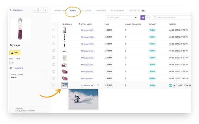 View assets that have been added to a product in the assets tab of a product detail page.