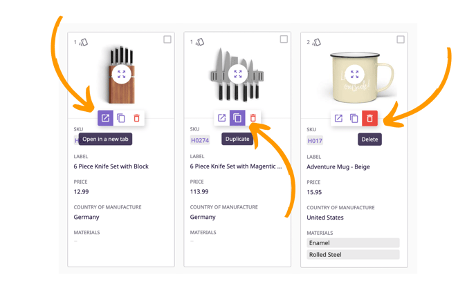 Hover over a product in grid view to open it in a new tab, duplicate it, or delete it.