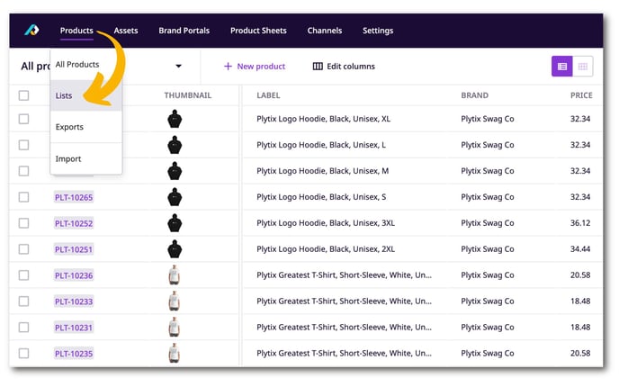 Access product lists in Plytix by navigating to the 'Lists' page.