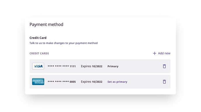 the payment method section shows credit card information for account payments