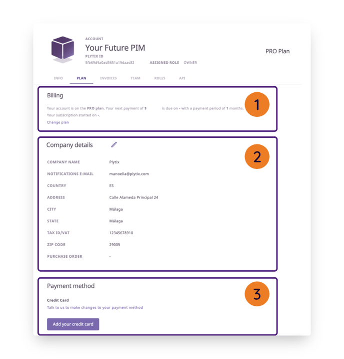 Plan tab of Plytix account settings, showing company details, billing and payment method