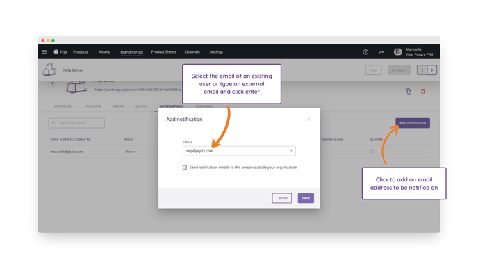 brand portal add email for notifications