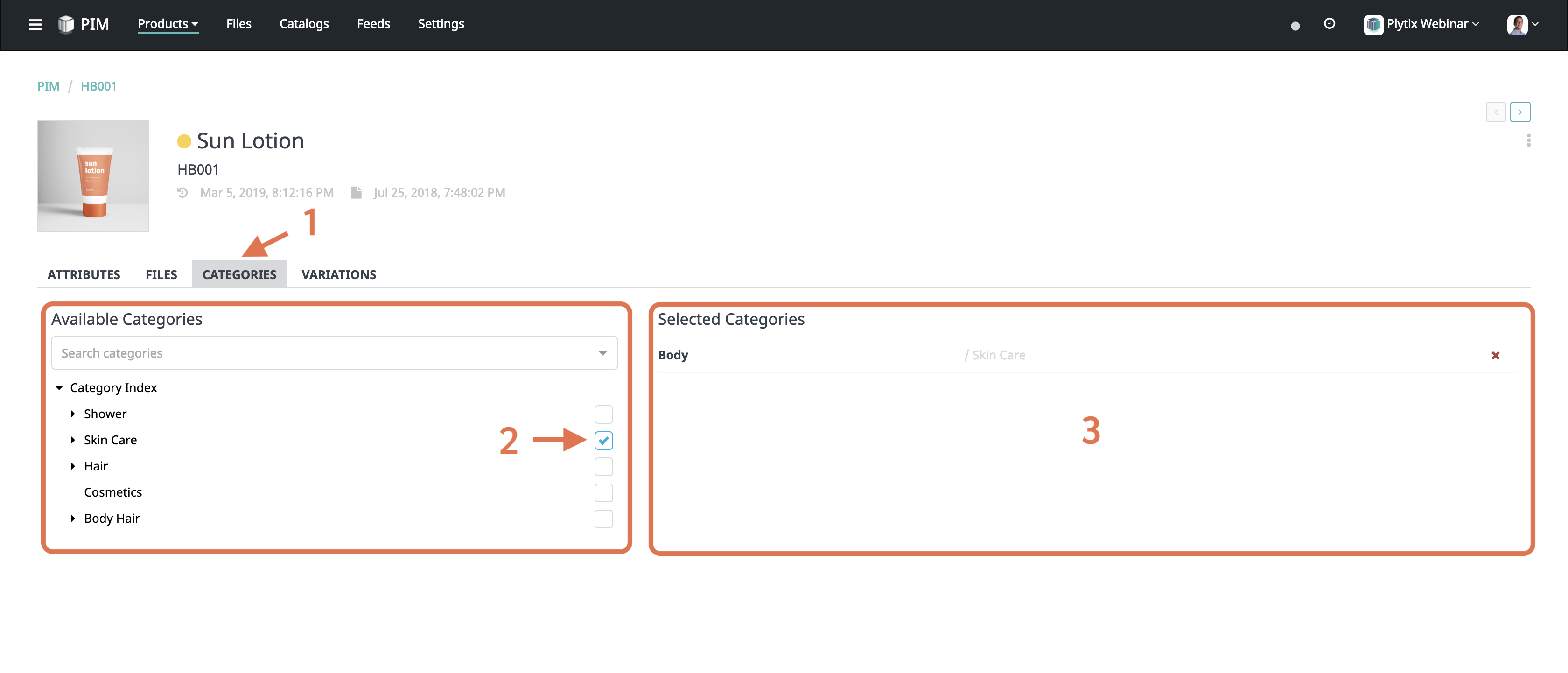 An example of how selected categories are shown in the product view display