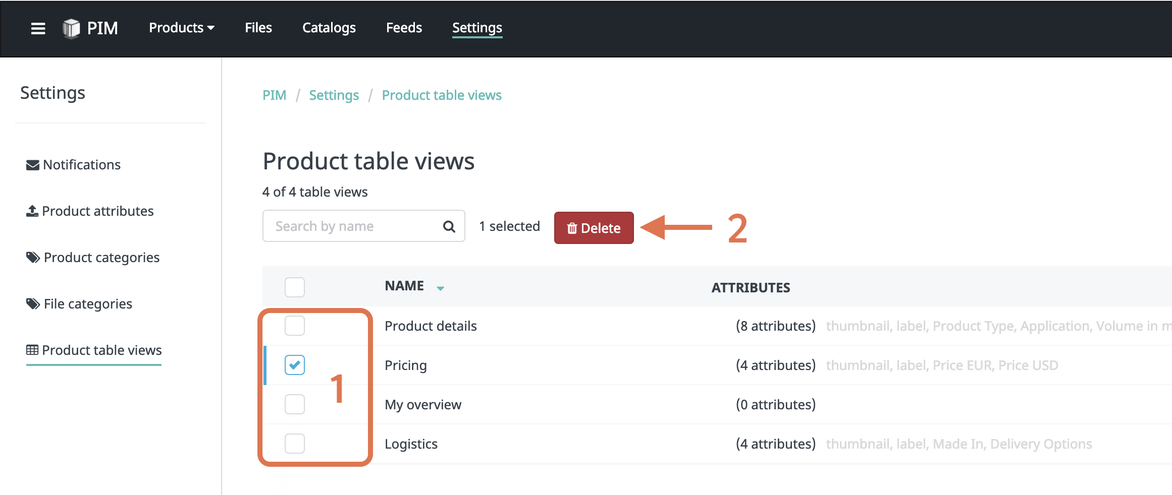 Deleting a product table view