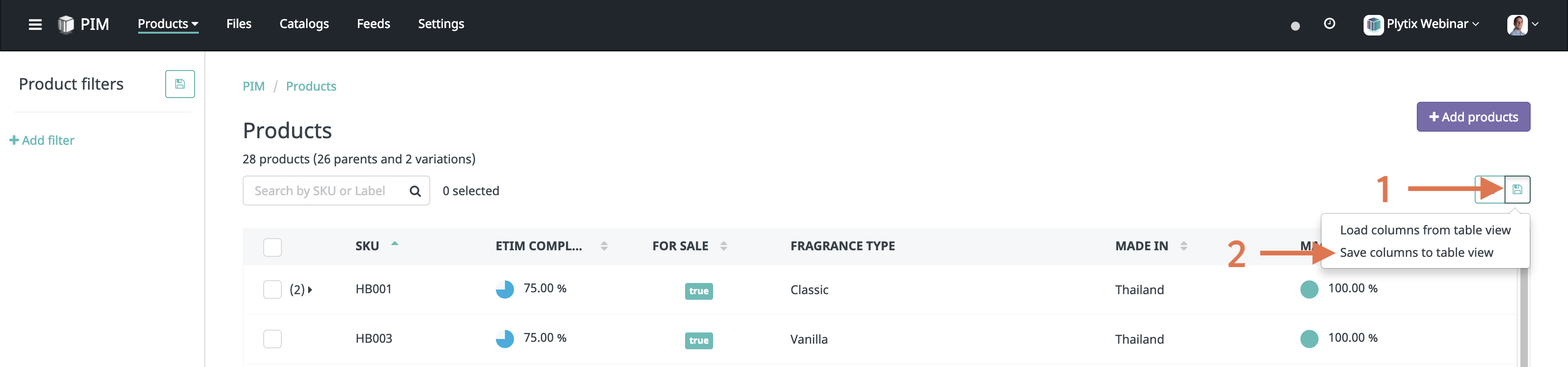 Saving columns to table view