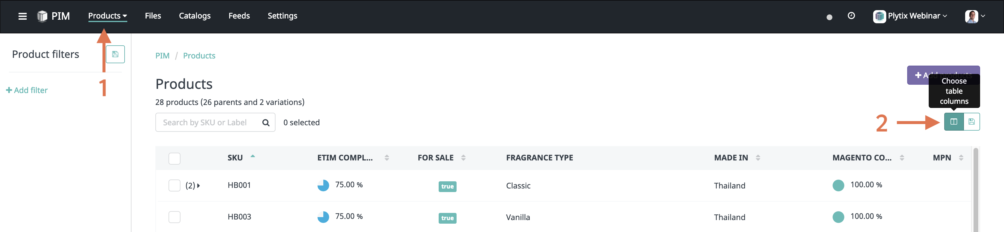 Loading and saving a product table view from all products screen