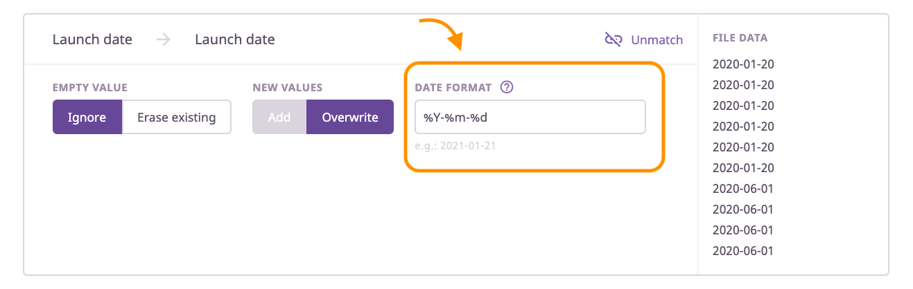 Configuring the date format when importing product data